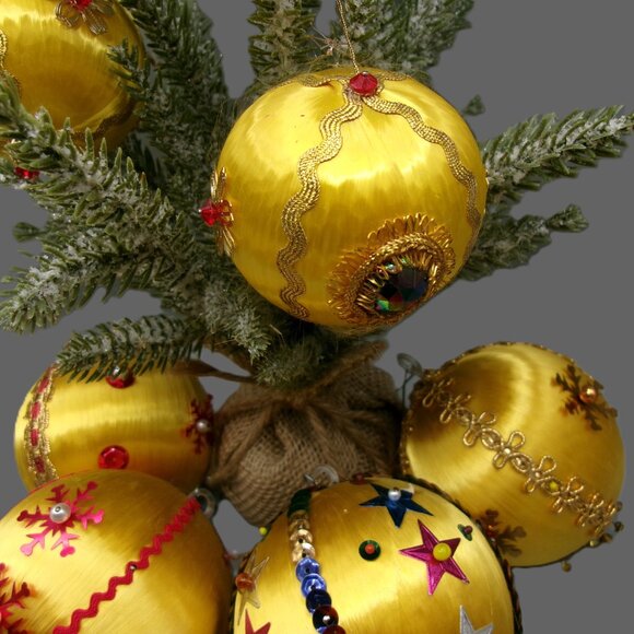 7 Gold Push Pin Christmas Ornaments, Satin Beaded Sequins, Vintage Handmade - Picture 7 of 10